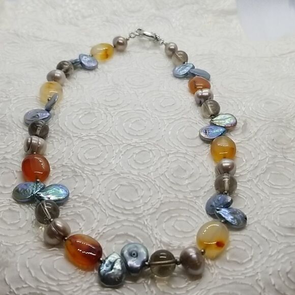 Stone Necklace Multiple Grey Yellow Blue Stones Necklace - Picture 10 of 12